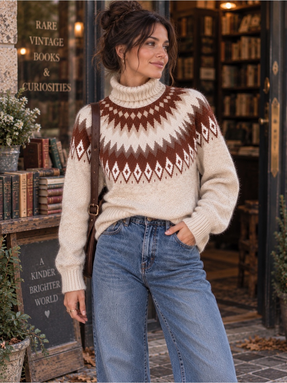 Aspen Fair Isle Turtleneck Sweater Nordic Wool Blend Oatmeal Brown Small